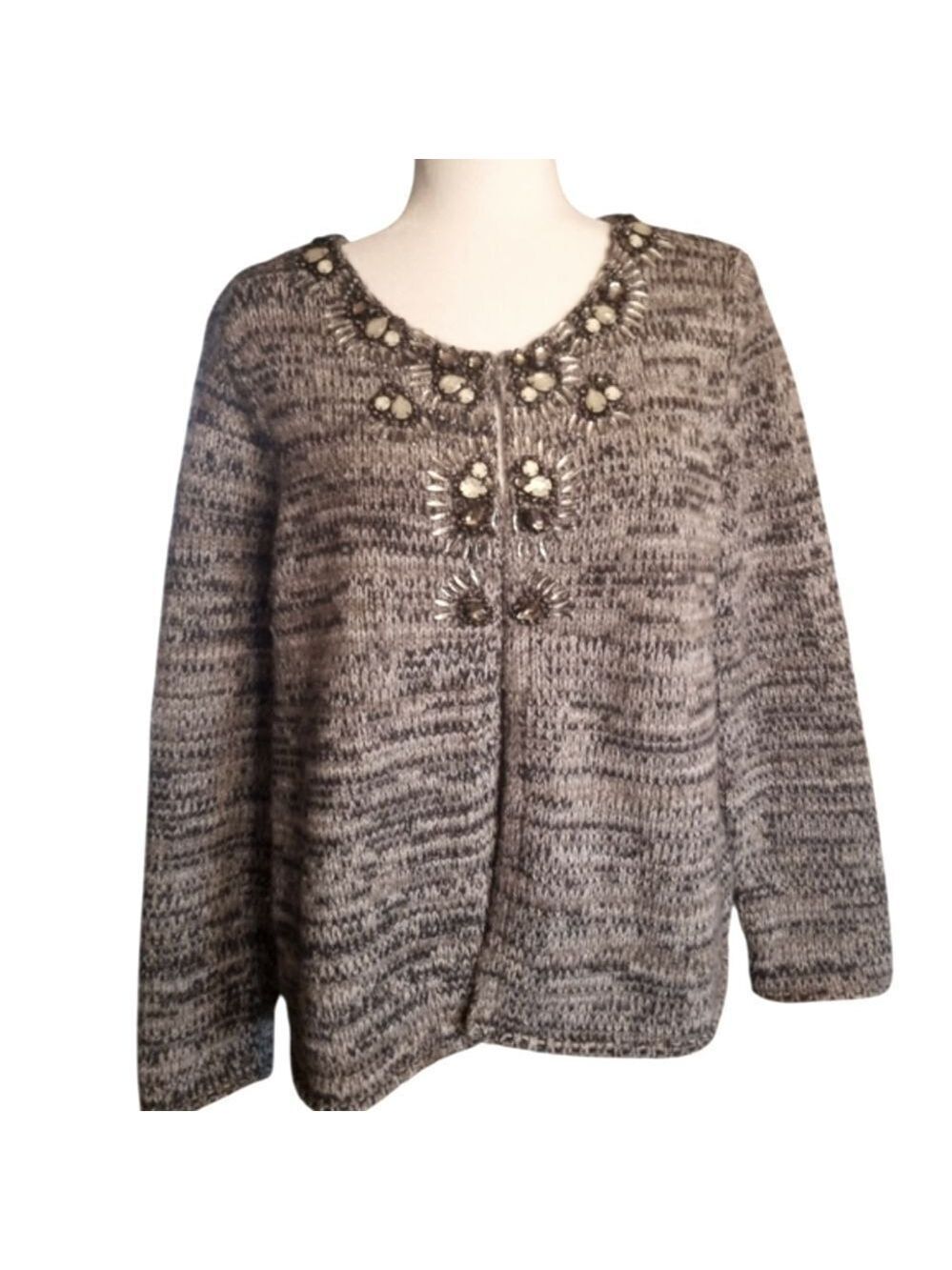 J Jill Cardigan Wool Blend Gray Knit Rhinestones Size Medium